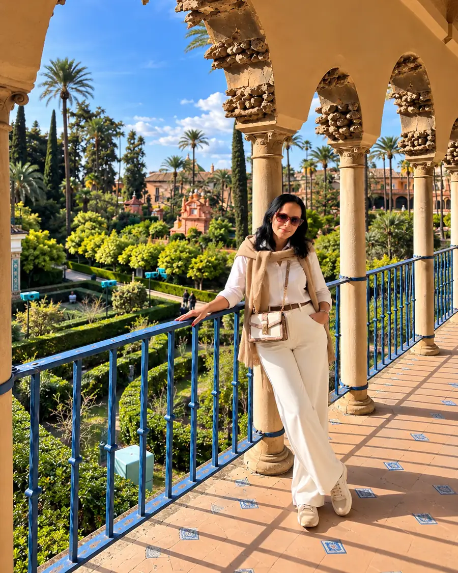 Walaa Elagami on a colonnaded balcony overlooking palm gardens
